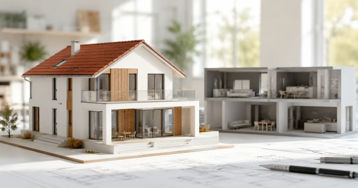 AutoCAD ile modellenmiş iki katlı villa 3D maketi cephe malzemeleri ve perspektif görünüm