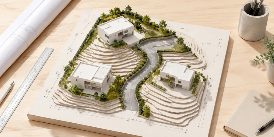 AutoCAD üzerinde topografya üzerine yerleştirilmiş site planı yol parsel ve peyzaj 3D modeli