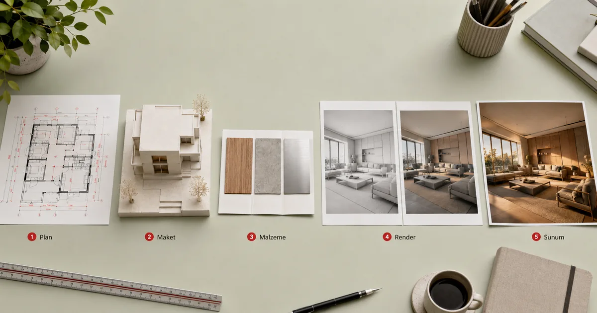 3D mimari görselleştirme yazılım akışı modelleme malzeme ışık render post prodüksiyon zinciri