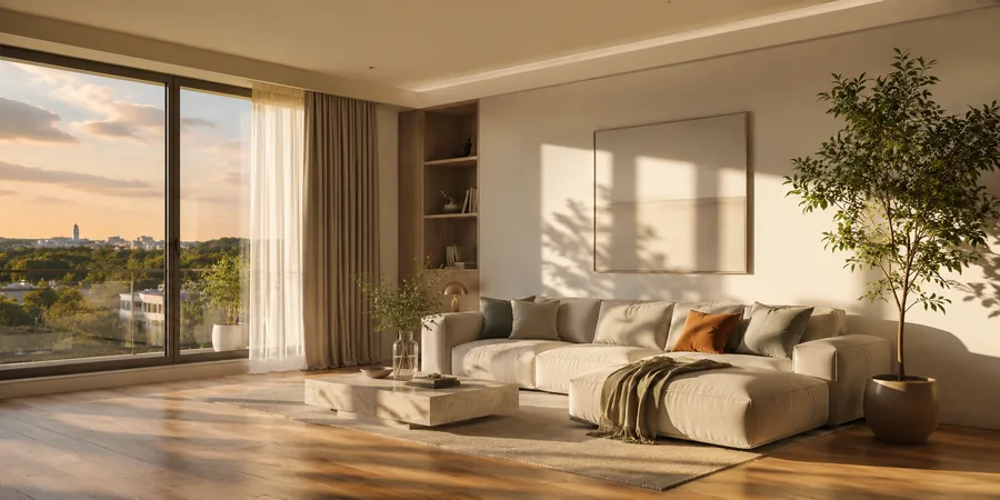 3D mimari görselleştirme iç mekan render kamera kompozisyonu ve gün ışığı atmosfer örneği