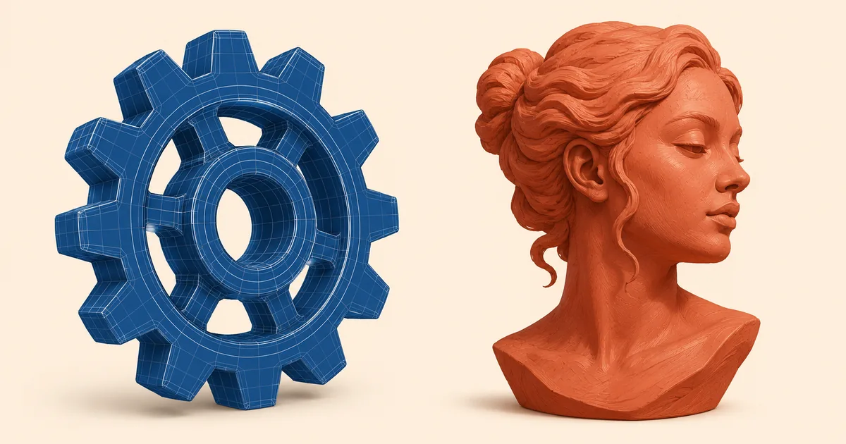 Sert yüzey mekanik parça ve organik karakter karşılaştırması 3D modelleme teknik kolaj