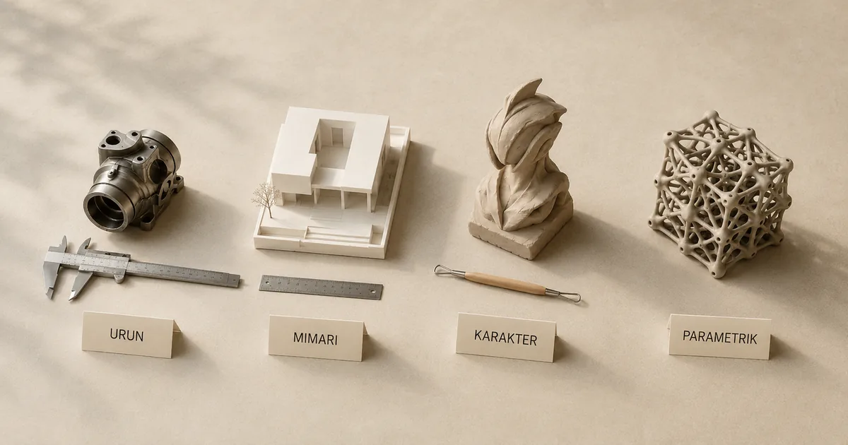 Disipline göre 3D tasarım yazılımı kategorileri özet görseli Ürün mimari karakter ve mühendislik disiplinlerine göre 3D tasarım programları haritası