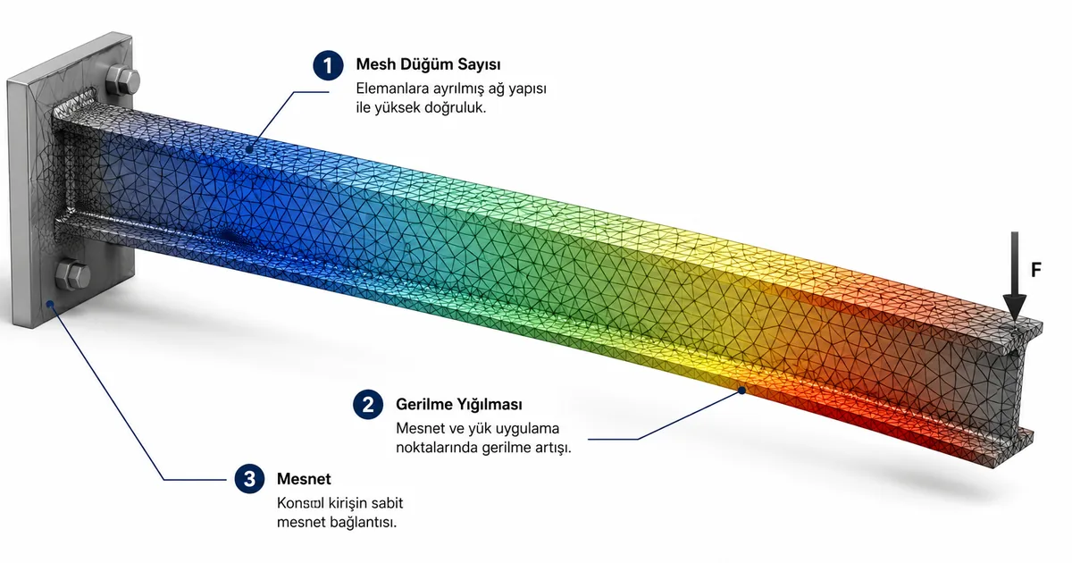 Sonlu elemanlar yöntemi mesh ve gerilme dağılımı Sonlu elemanlar yöntemi ile çelik konsol kirişin mesh ayrımı ve gerilme dağılımı haritası