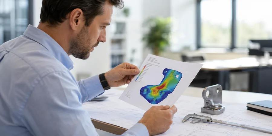 Mühendisin ANSYS analiz sonucunu yorumlaması Mühendis çelik bir parçanın gerilme analiz sonucunu pafta üzerinde incelerken renkli kontur haritası