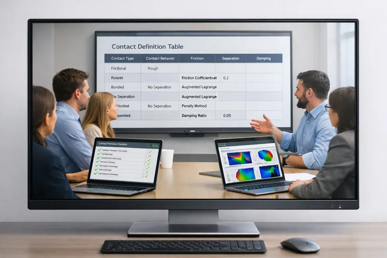 Kontakt şablonlarını standardize etmek Bir mühendis ekibinin kontakt şablon tablosunu inceleyip montaj türlerine göre parametreleri standardize ettiği toplantı sahnesi
