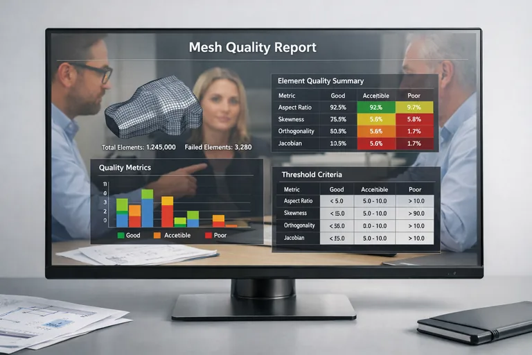Mesh kalite raporu standardı Mühendislerin ekranda mesh kalite raporunu inceleyip eşik değerlerini tabloya işlediği bir ofis ortamı