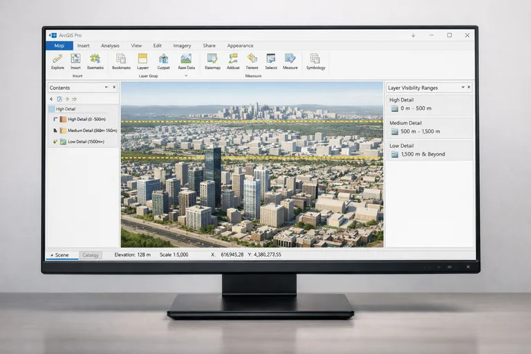 LOD ile detay geçişini yönetmek ArcGIS Pro’da LOD katmanları arasında geçiş yaparken bina detaylarının kameraya göre değiştiği 3D görünüm