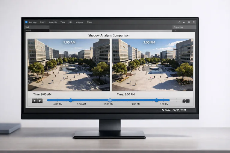 Gölge senaryolarını karşılaştırma raporu 3D şehir modelinde gölge analizi sonuçlarının zaman çizelgesine göre karşılaştırıldığı rapor ekranı