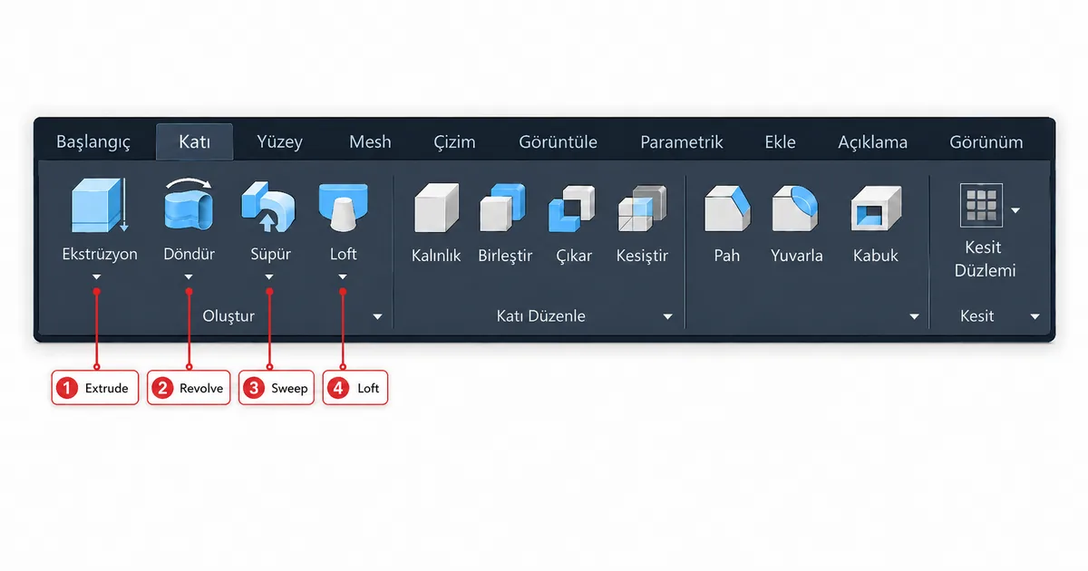 AutoCAD 3D Modeling Şeridi ve Dört Temel Komut AutoCAD 3D Modeling şerit menüsünde Kati Yuzey Mesh sekmeleri ile EXTRUDE REVOLVE SWEEP LOFT komutlarının numaralı gösterimi