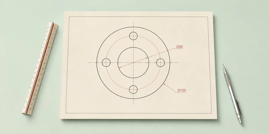 AutoCAD ekranında DIN flanş profili dört bulon deliği yardımcı çember ve çap ölçü annotation