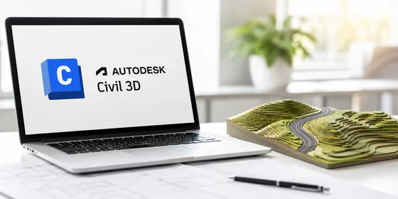 Civil 3D altyapı tasarım eğitimi görseli Civil 3D logosu yanında eş yükselti eğrili arazi maketi sade aydınlık çalışma masasında doğal ışıkla