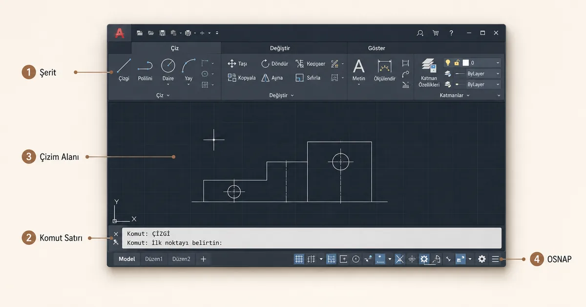 AutoCAD arayüzü Türkçe etiketli komut satırı şerit menü ve çizim alanı annotasyonlu