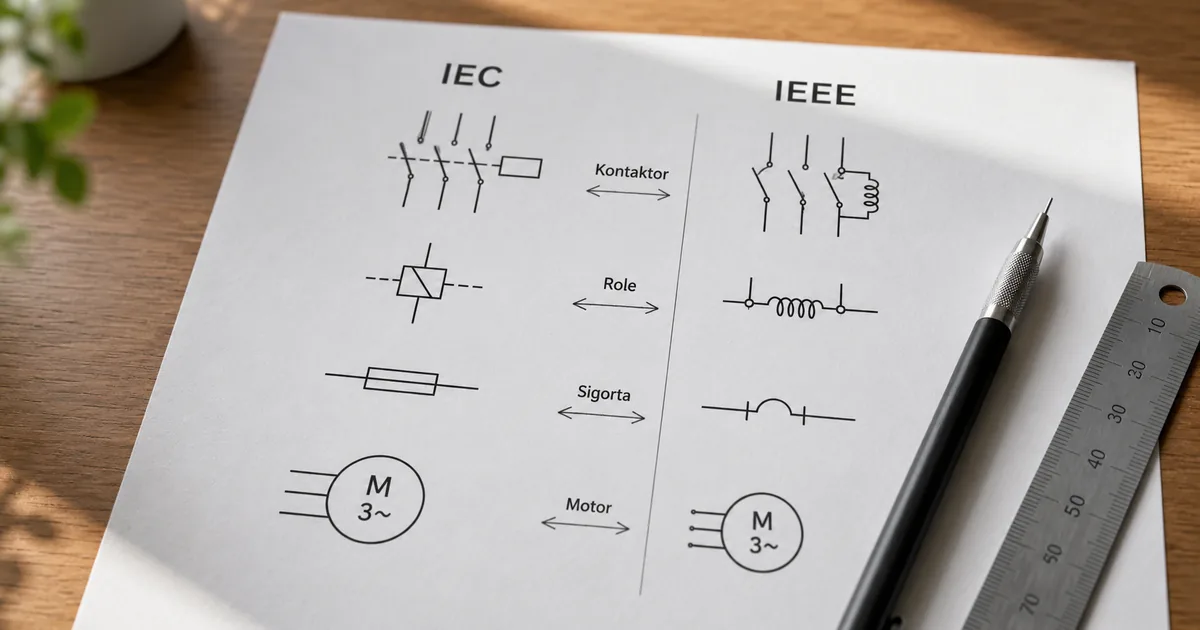 IEC 60617 ve IEEE 315 standartlarına göre kontaktör röle motor sembollerinin yan yana karşılaştırma şeması