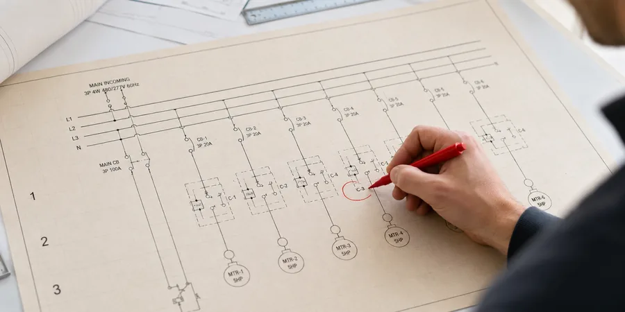 AutoCAD pano şeması çiziminde IEC sembolleri kontaktör röle sigorta yerleşimi ve devre etiketleri
