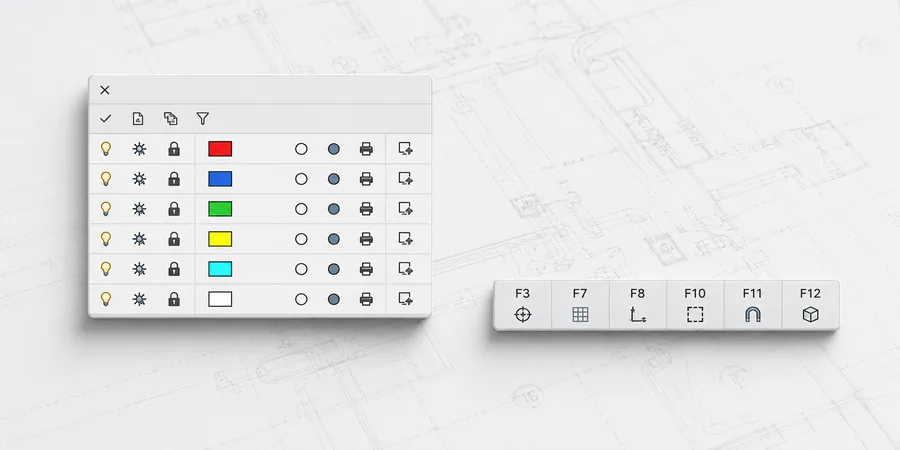 Layer Properties Manager ve status bar geçiş butonları AutoCAD katman yöneticisi şeması ve status bar toggle ikonları gösterimi
