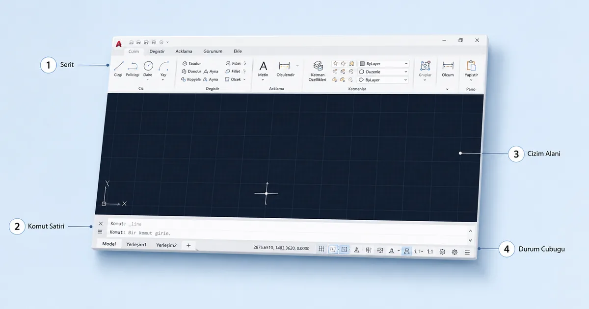 AutoCAD Türkçe Arayüz Şerit Komut Satırı ve Çizim Alanı AutoCAD Türkçe arayüzünde kurulum sonrası ilk açılış ekranı şerit komut satırı ve çizim alanı numaralı annotation ile gösterilmiş