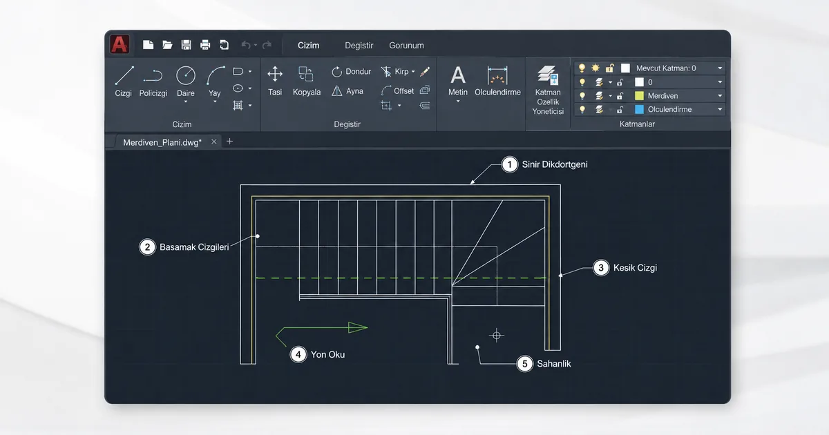 AutoCAD Türkçe arayüz merdiven plan çizim adımları AutoCAD Türkçe arayüzde merdiven planı çizim adımları, katman listesi ve numaralı annotation callout'ları