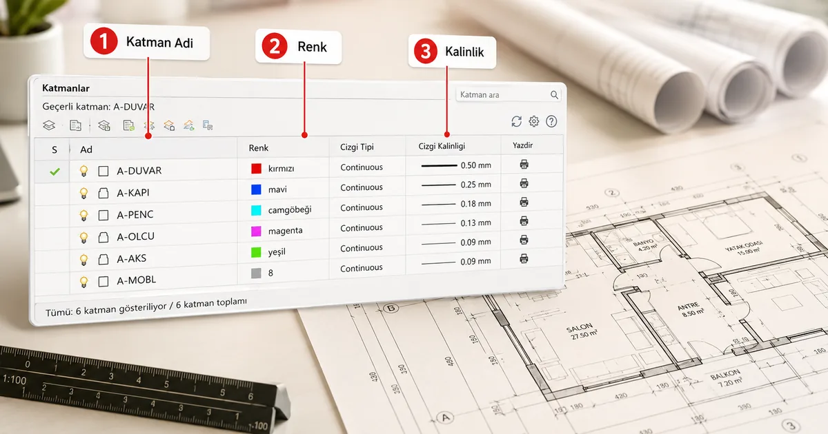 AutoCAD katman yöneticisi penceresi — A-DUVAR A-KAPI A-PENC A-OLCU katmanları Türkçe etiketlerle