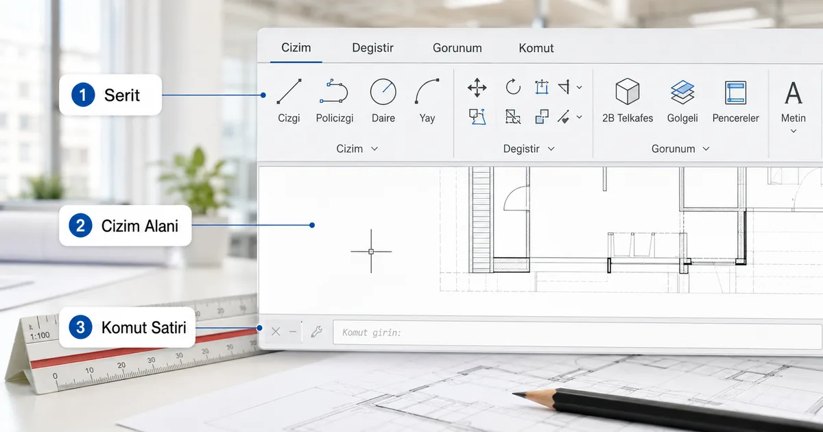 AutoCAD şerit menüsü çizim alanı ve komut satırından oluşan üç ana arayüz bölgesinin numaralı şeması Türkçe etiketli