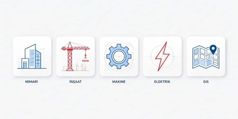 AutoCAD'in mimari mekanik elektrik inşaat ve harita sektörlerinde kullanım alanlarını gösteren ikon kompozisyonu