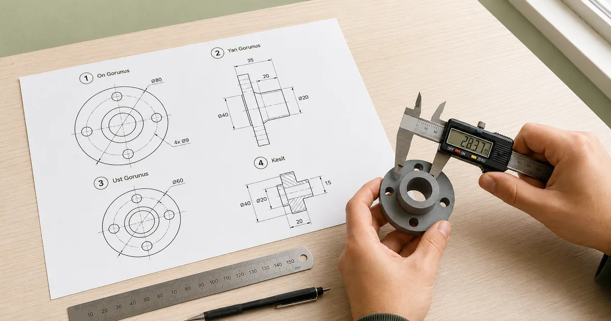 AutoCAD Türkçe arayüzünde basit mekanik parça çizimi üç görünüş ölçülendirme ve kesit gösteren öğrenci pafta örneği