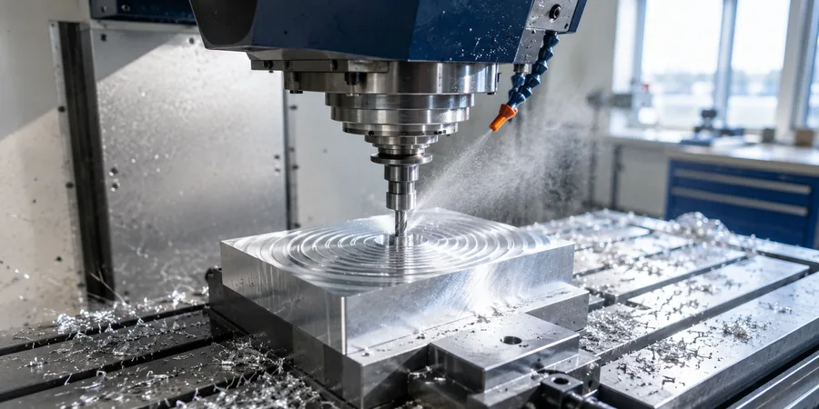 CNC freze tezgahında alüminyum blok üzerinde spiral takım yolu izleri ve metal talaş çıkışı atölye ışığında
