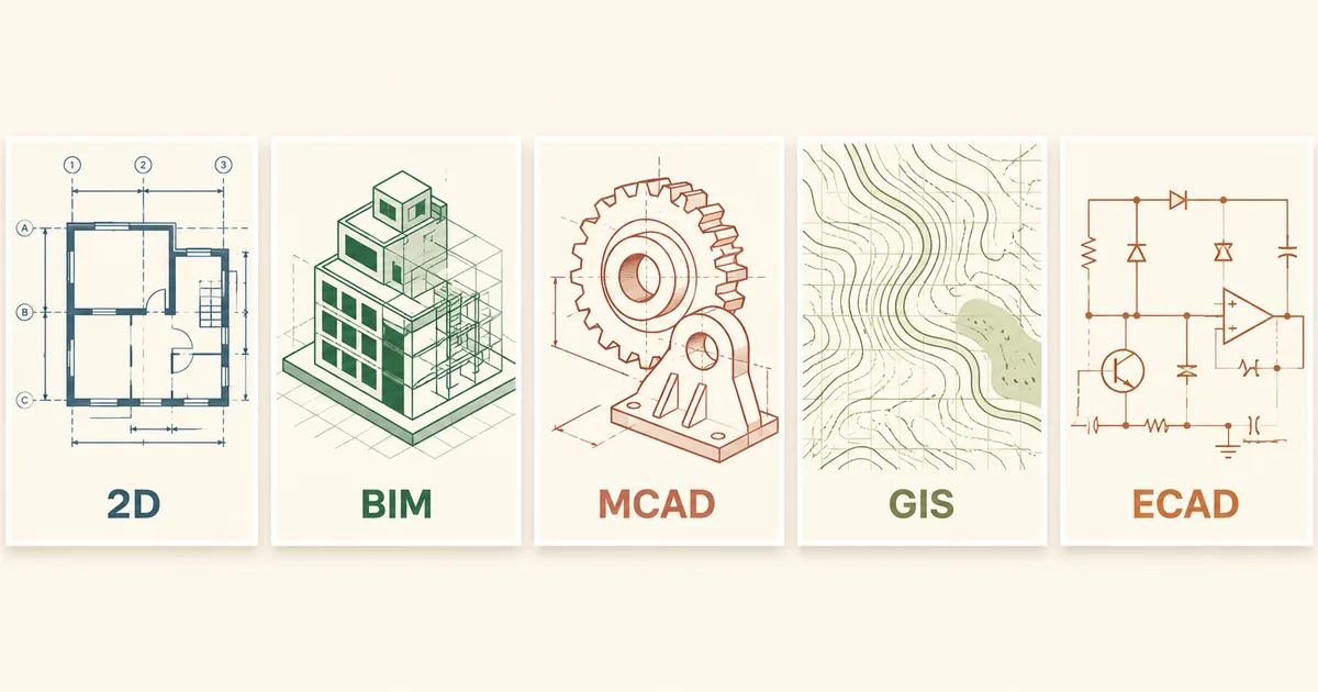 2D mimari BIM mekanik GIS ve elektrik CAD kategorileri yan yana kolaj editorial illustration krem zeminde