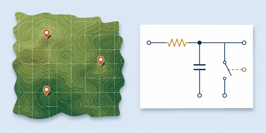 GIS CAD altyapı haritalama ve elektrik şeması yan yana kolaj editorial illustration krem zeminde
