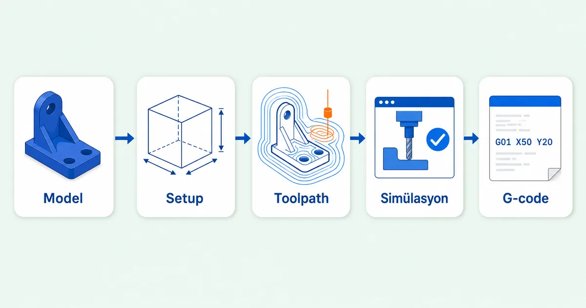 CAM iş akışı diyagramı CAD model setup toolpath simulation post processor G-code aşamaları yatay sıralı