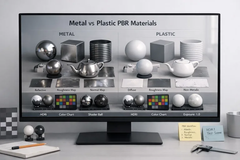 Nötr HDRI altında PBR materyal doğrulaması Nötr HDRI altında metal ve plastik materyallerin karşılaştırıldığı, kanal değerlerinin yan yana izlendiği test sahnesi