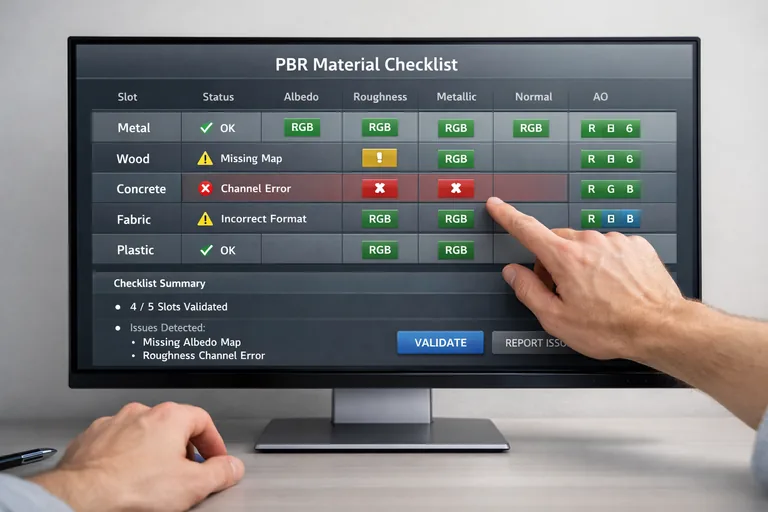 Kanal bazlı PBR kontrol listesi ve uyarı etiketleri Kanal bazlı kontrol listesiyle materyal slot’larının doğrulandığı, uyarı etiketleri bulunan üretim takip ekranı