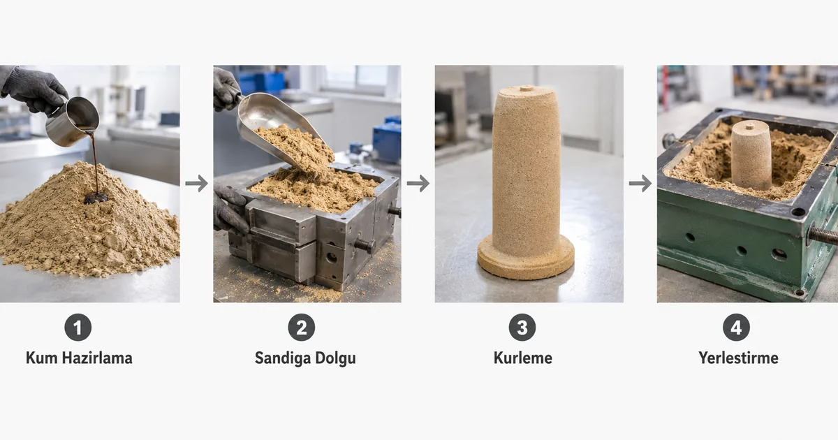 Dik maça hazırlama akışı kum hazırlama maça sandığına dolgu sıkıştırma kürleme ve çıkarma sıralı şema açık tonlu döküm ortamı