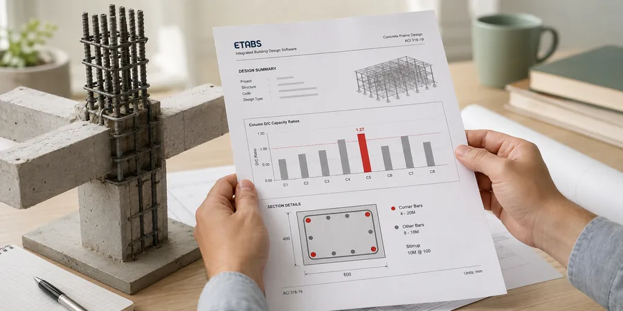 ETABS kolon donatı ve kapasite oranı tasarım raporu ETABS kolon donatı oranı kapasite oranı raporu D/C grafiği ve kesit çıktısı