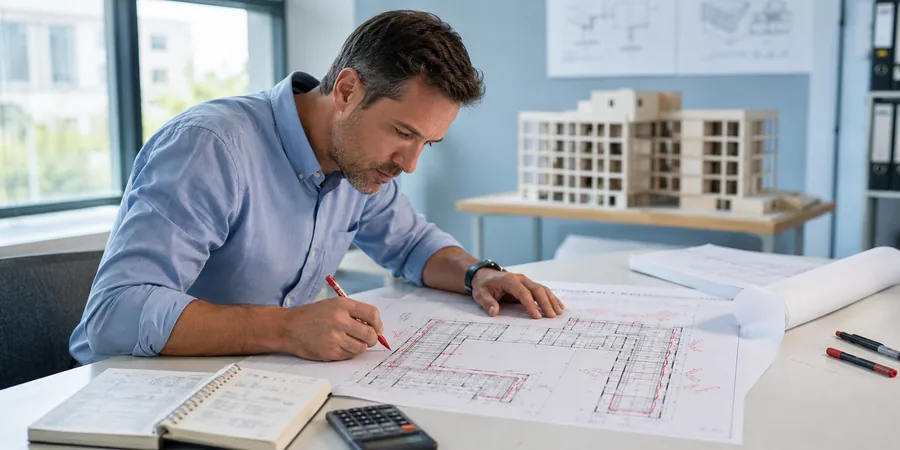 Yapı mühendisi ETABS diyafram atamasını kontrol ediyor Yapı mühendisi ETABS plan görünümünde diyafram atamasını kontrol ediyor masa üzerinde yapı projesi
