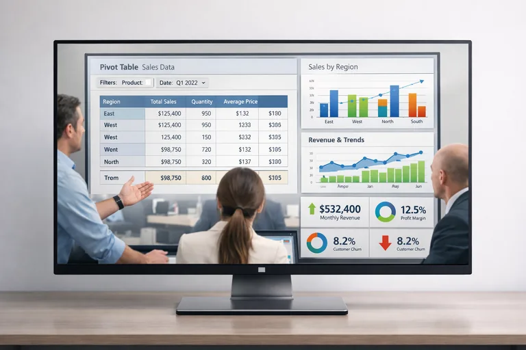Pivot tablolar ve grafiklerle raporlama süreci gösterimi Bir ekip toplantısında büyük ekranda grafikler ve pivot tablolar üzerinden satış verilerinin analiz edildiği çalışma ortamı