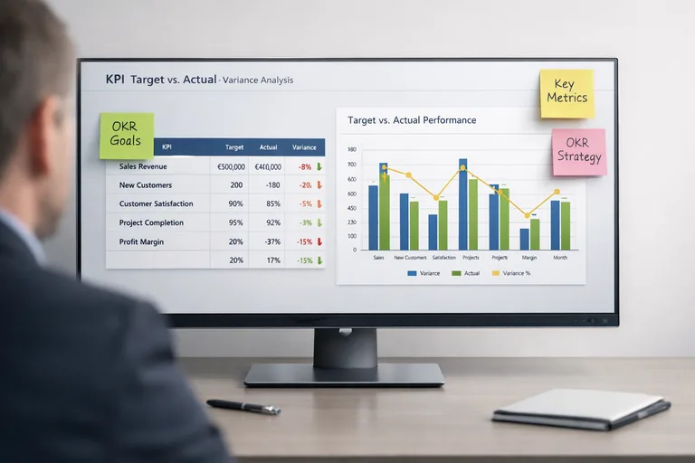 KPI hedef sapmasını tablo ve grafik birlikte izlemek Ekip bazlı KPI tablosu ve yanında hedef sapması sütunlarıyla yöneticinin karar aldığı pano düzeni