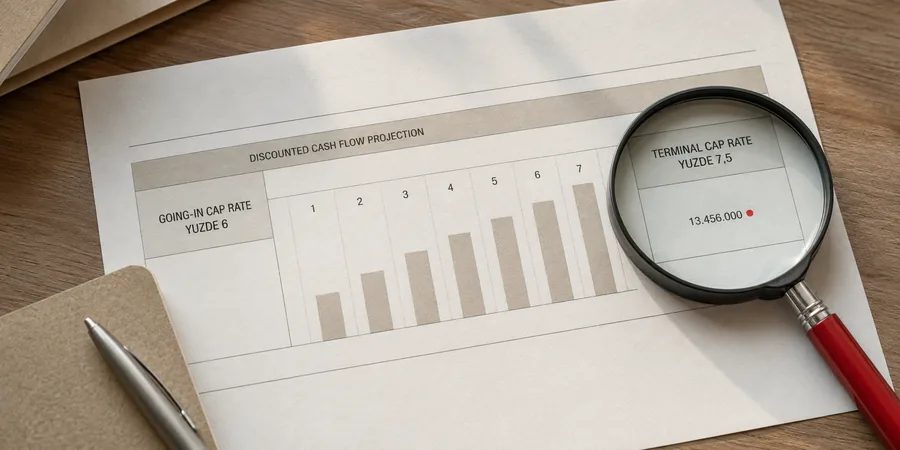 Going-in cap rate ve terminal cap rate karşılaştırması İndirgenmiş nakit akışı modeli üzerinde going-in cap rate ve terminal cap rate yan yana karşılaştırılırken