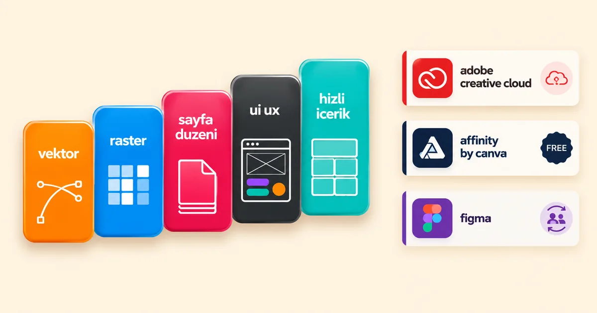 Grafik tasarım yazılımları kategori karşılaştırma şeması Grafik tasarım programları kategori şeması vektör raster sayfa düzeni UI UX karşılaştırma diyagramı