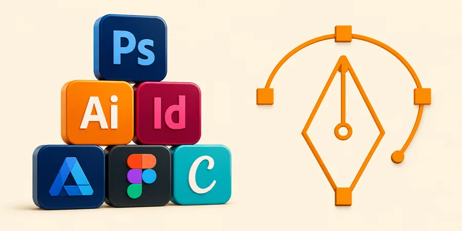 Grafik tasarım yazılımları logo kolajı Adobe Illustrator Photoshop InDesign Affinity Figma Canva yazılım ikonları renkli kolaj kompozisyon
