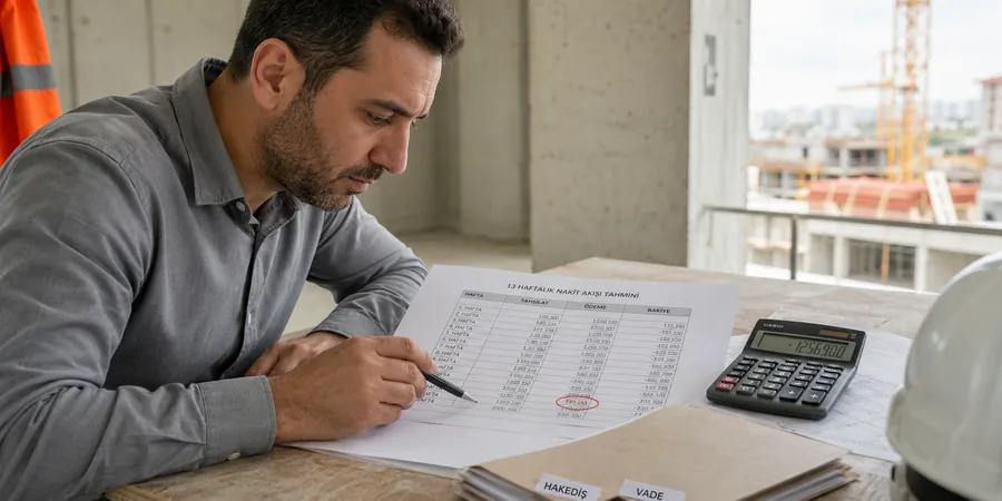13 haftalık nakit forecast üzerinde kritik hafta tespit akışı Şantiye ofisinde 13 haftalık nakit akış tahmininde kritik hafta işaretli düşük bakiye uyarısı inceleniyor