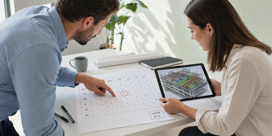 BIM detaylı sorumluluk matrisi atama inceleme görünümü BIM koordinasyon masasında detaylı sorumluluk matrisi üzerinden disiplin atamaları işaretleniyor LOD seviyeleri ve durum kodları görünür