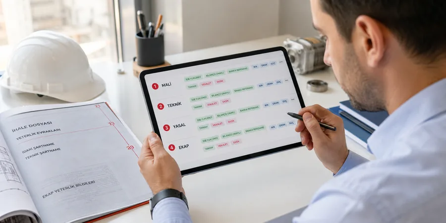 EKAP yeterlik belgesi yükleme akışı ve durum izleme EKAP üzerinden ihale yeterlik belgesi yükleme ekranı iş deneyim belgesi bilanço ve banka referans mektubu durum kartları mockup görseli