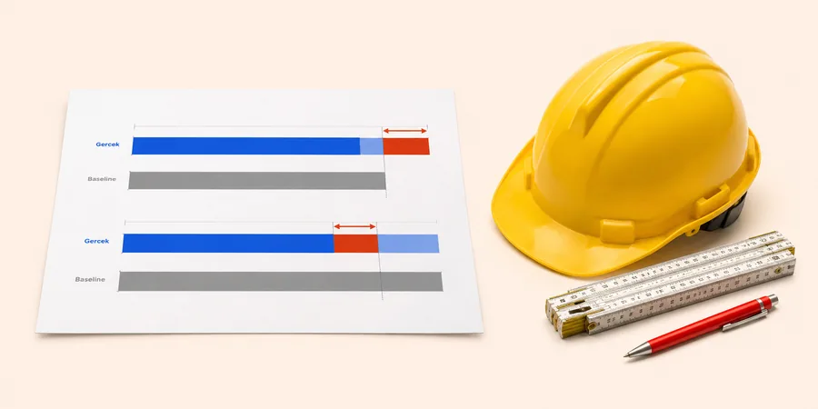 Baseline ile Gerçekleşen İlerleme Karşılaştırması Şantiye masasında baseline ve gerçekleşen plan karşılaştırma raporu çıktısı baret kalem cetvel sahne