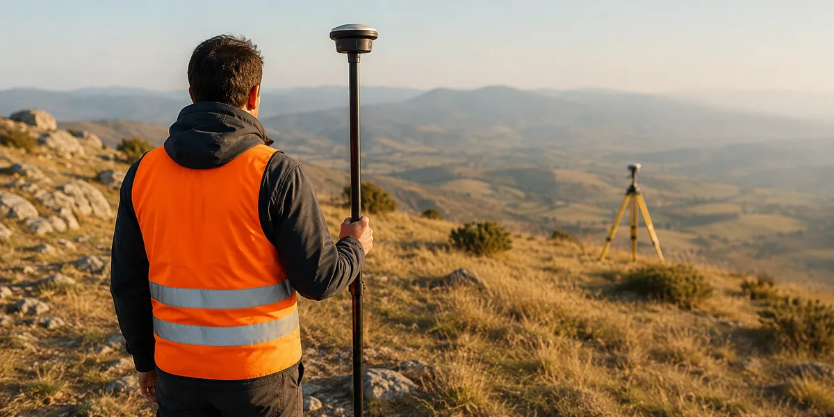 Arazide GPS alıcısıyla ölçüm yapan harita teknikeri, arkada ölçüm jalonu ve tepelik arazi