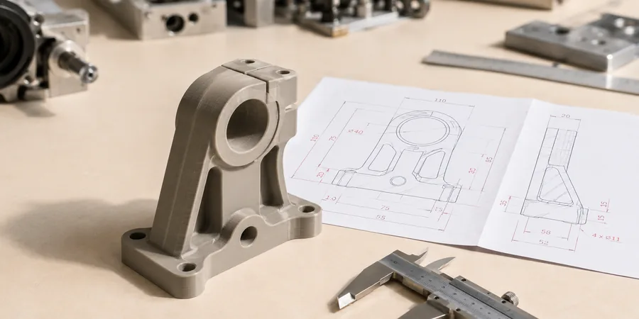 Parametrik Modelden Üretilmiş Prototip Parça ve Teknik Pafta 3D yazıcı çıktısı parametrik bağlantı parçası ve teknik resim paftası ile ölçü tetonu yan yana atölye masasında