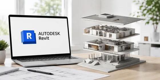 Revit BIM modelleme eğitimi görseli Revit logosu yanında katmanlı bina maketi sade aydınlık çalışma masasında doğal ışıkla