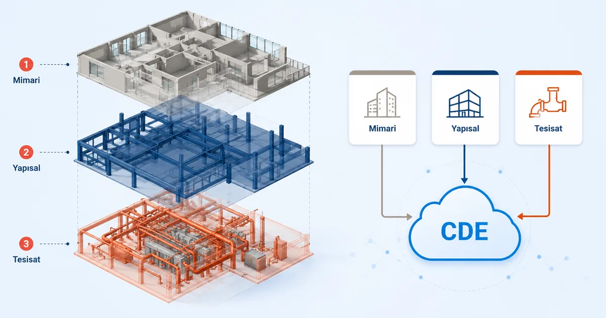 Revit arayüzünde mimari yapısal ve MEP disiplinlerinin tek model üzerinde çakışma kontrolü ve link yönetimi