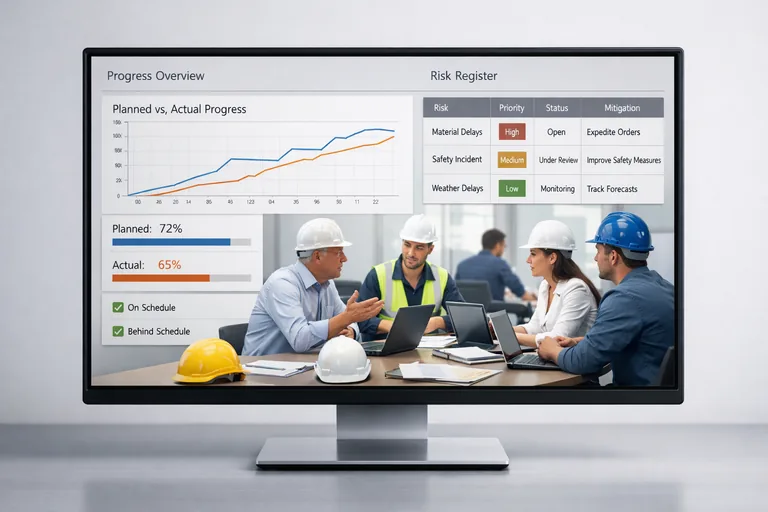 KPI panosu ile günlük kararların hızlanması Toplantı odasında plan-gerçekleşen ilerleme ve risk kayıtlarını tek ekranda değerlendiren proje ekibi