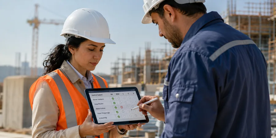 Şantiyede dijital checklist taşeron mutabakatı Şantiye kalite kontrol mühendisi tablet üzerinde imalat checklist setini taşeron formenine imzalatıyor