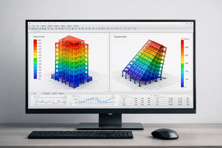Yapısal analiz sonuçlarının grafik diyagramlarla incelenmesi Bilgisayar ekranında renkli gerilme diyagramları ve deplasman dağılımları gösteren mühendislik analiz yazılımı arayüzü